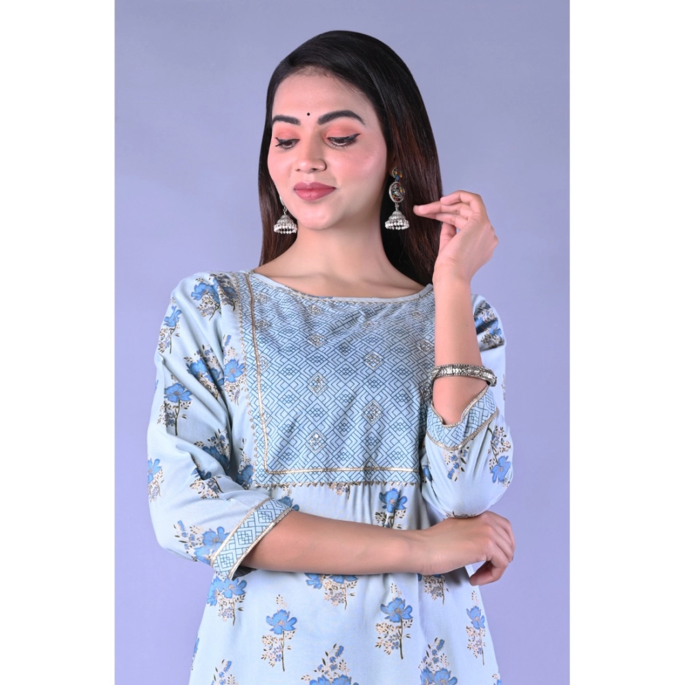 Women's Casual 3/4 Sleeve Printed Rayon Kurti With Pant Set (Blue) - Image 2