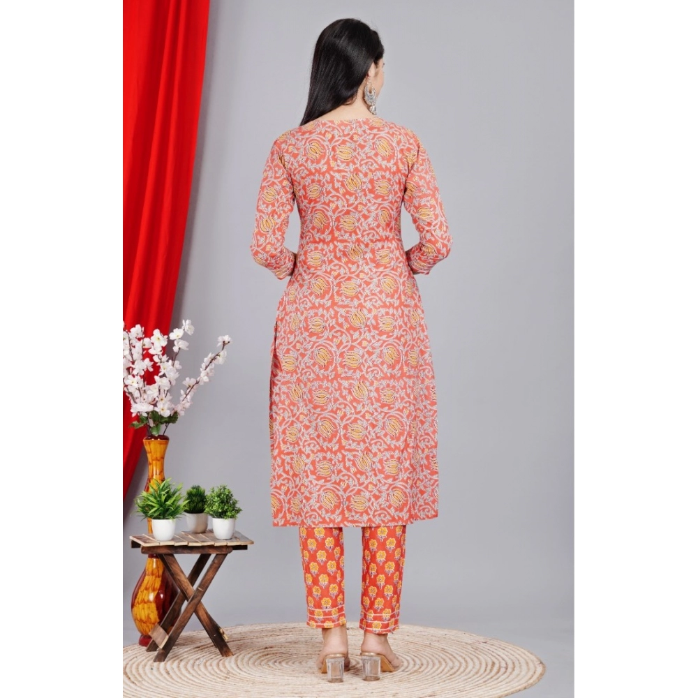 Women's Casual 3/4 Sleeve Printed Rayon Kurti With Pant Set (Peach) - Image 2