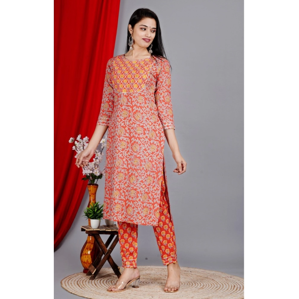 Women's Casual 3/4 Sleeve Printed Rayon Kurti With Pant Set (Peach) - Image 6