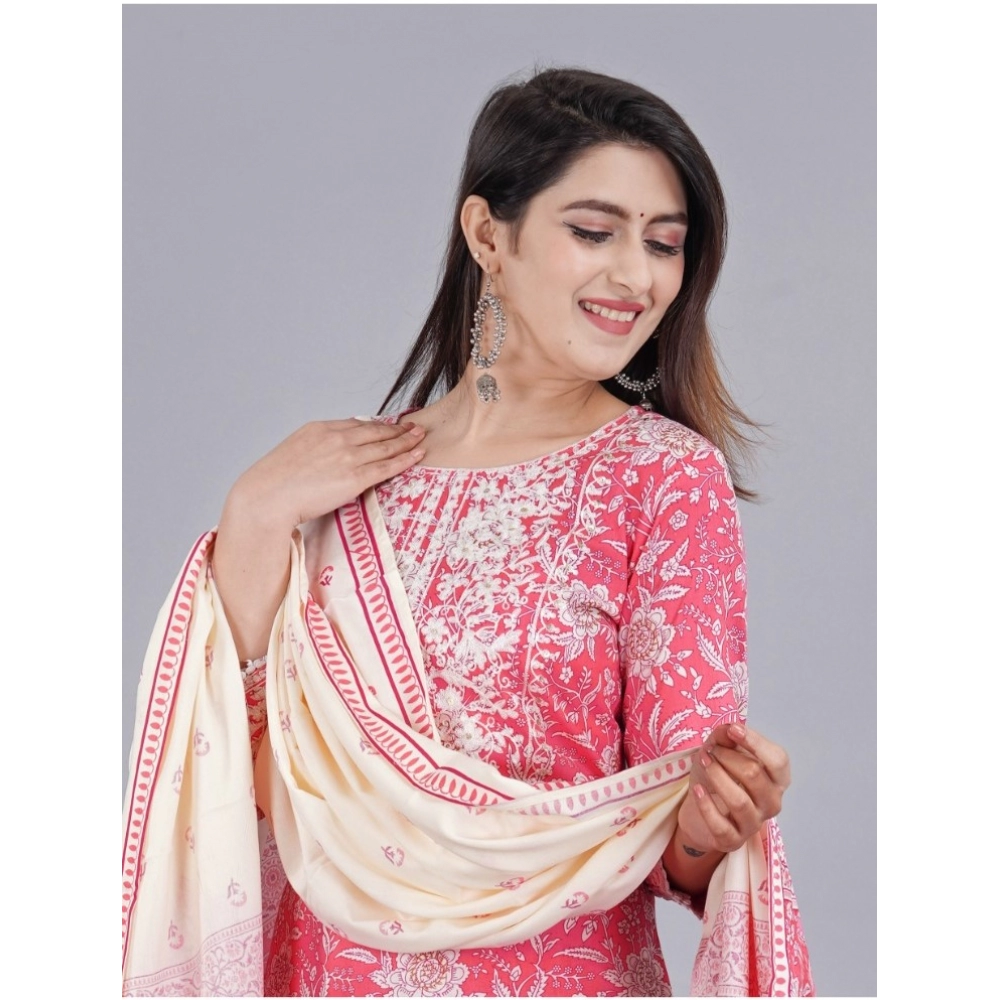 Women's Casual 3/4 Sleeve Embroidered Rayon Kurti With Pant And Dupatta Set (Pink) - Image 3