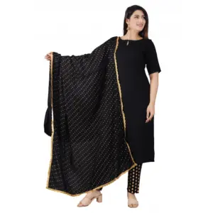 Women's Casual Half Sleeve Solid Rayon Kurti With Pant And Dupatta Set (Black)