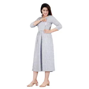 Women's Casual 3/4 Sleeve Printed Viscose Maternity Feeding Kurti (Grey)