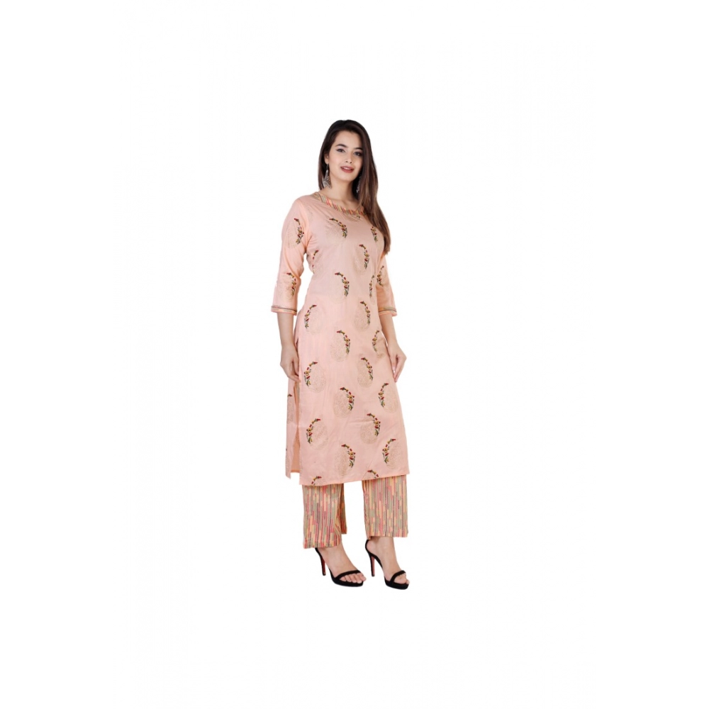 Women's Casual 3/4 Sleeve Printed Rayon Kurti With Palazzo Set (Peach) - Image 4