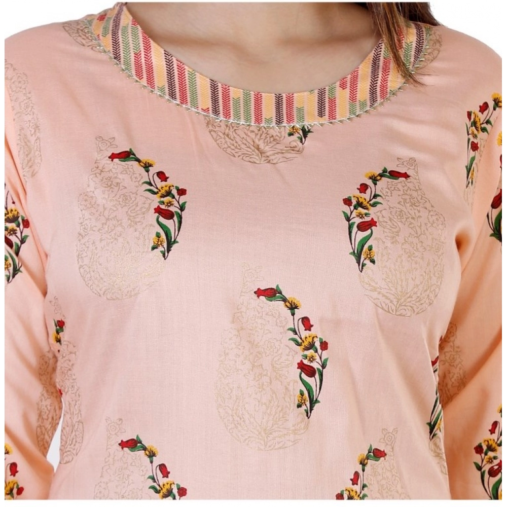 Women's Casual 3/4 Sleeve Printed Rayon Kurti With Palazzo Set (Peach) - Image 2