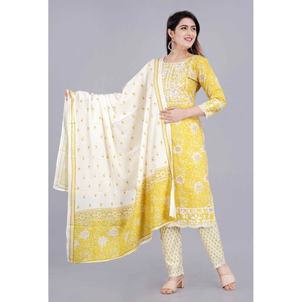 Women's Casual 3/4 Sleeve Embroidered Rayon Kurti With Pant And Dupatta Set (Yellow) - Image 6