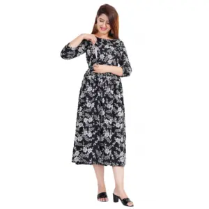 Women's Casual 3/4 Sleeve Printed Viscose Maternity Feeding Kurti (Black)