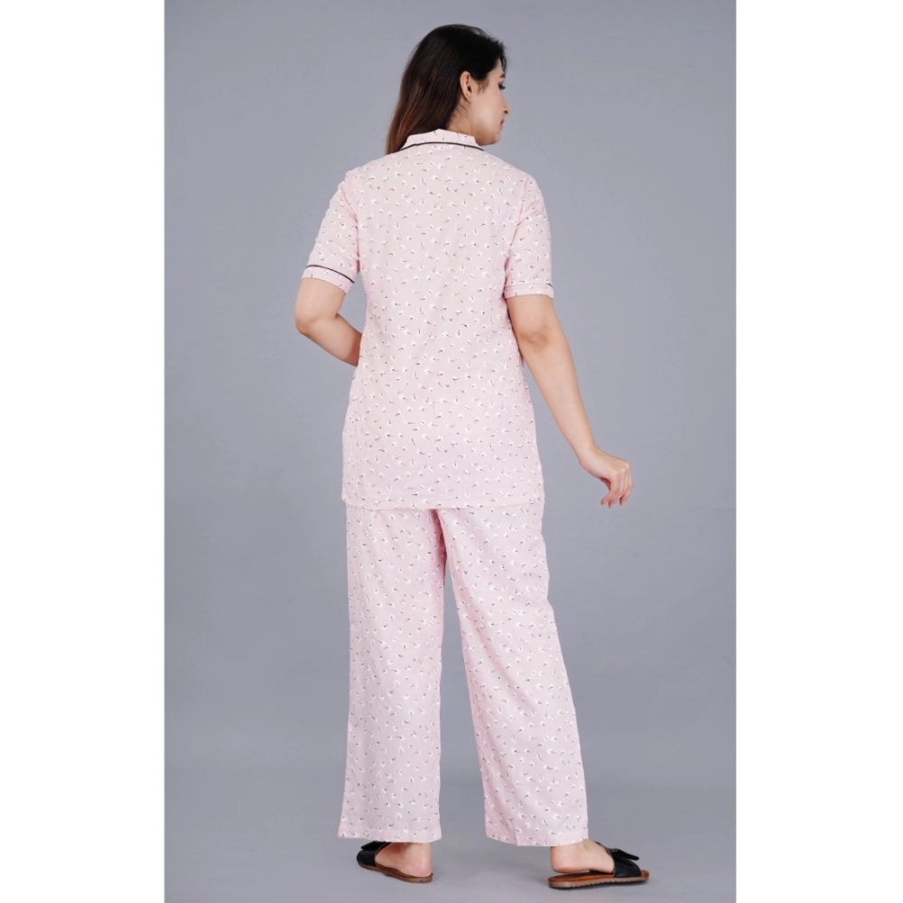 Women's Casual Half Sleeve Printed Viscose Rayon Shirt With Pyjama Pant Night Suit Set (Pink) - Image 2