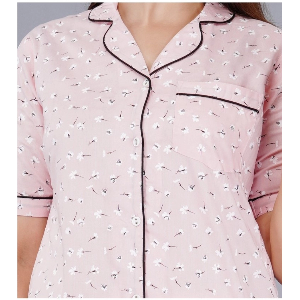 Women's Casual Half Sleeve Printed Viscose Rayon Shirt With Pyjama Pant Night Suit Set (Pink) - Image 3