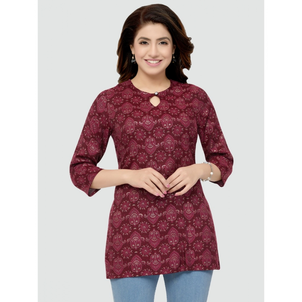 Women's Casual 3/4 Sleeves Printed Rayon Short Top (Maroon) - Image 2