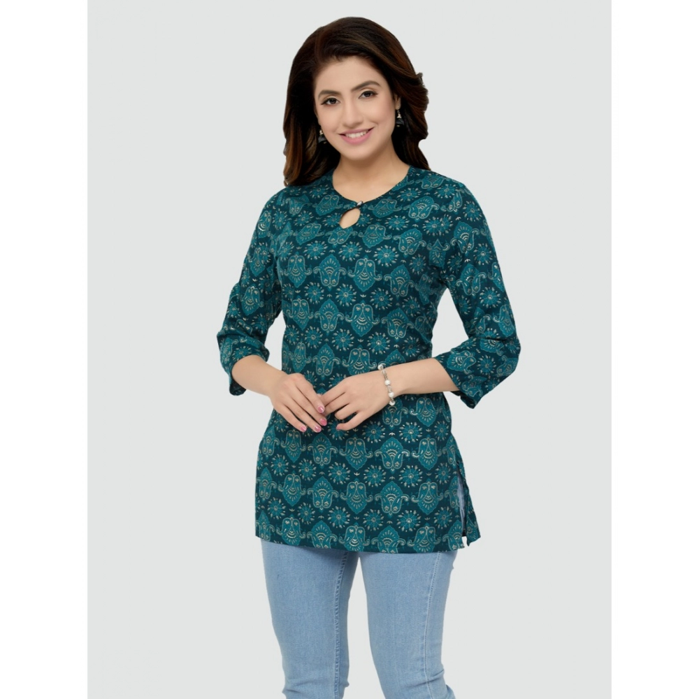 Women's Casual 3/4 Sleeves Printed Rayon Short Top (Green) - Image 4