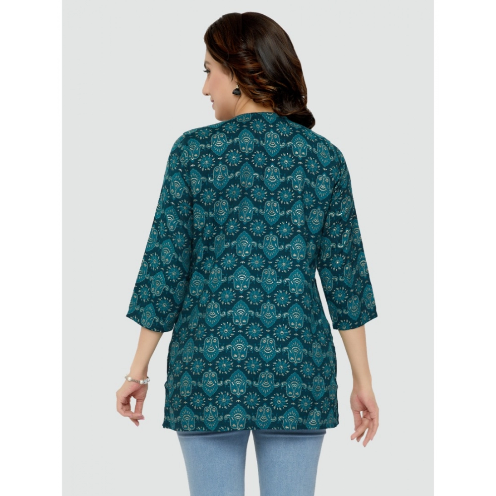 Women's Casual 3/4 Sleeves Printed Rayon Short Top (Green) - Image 7