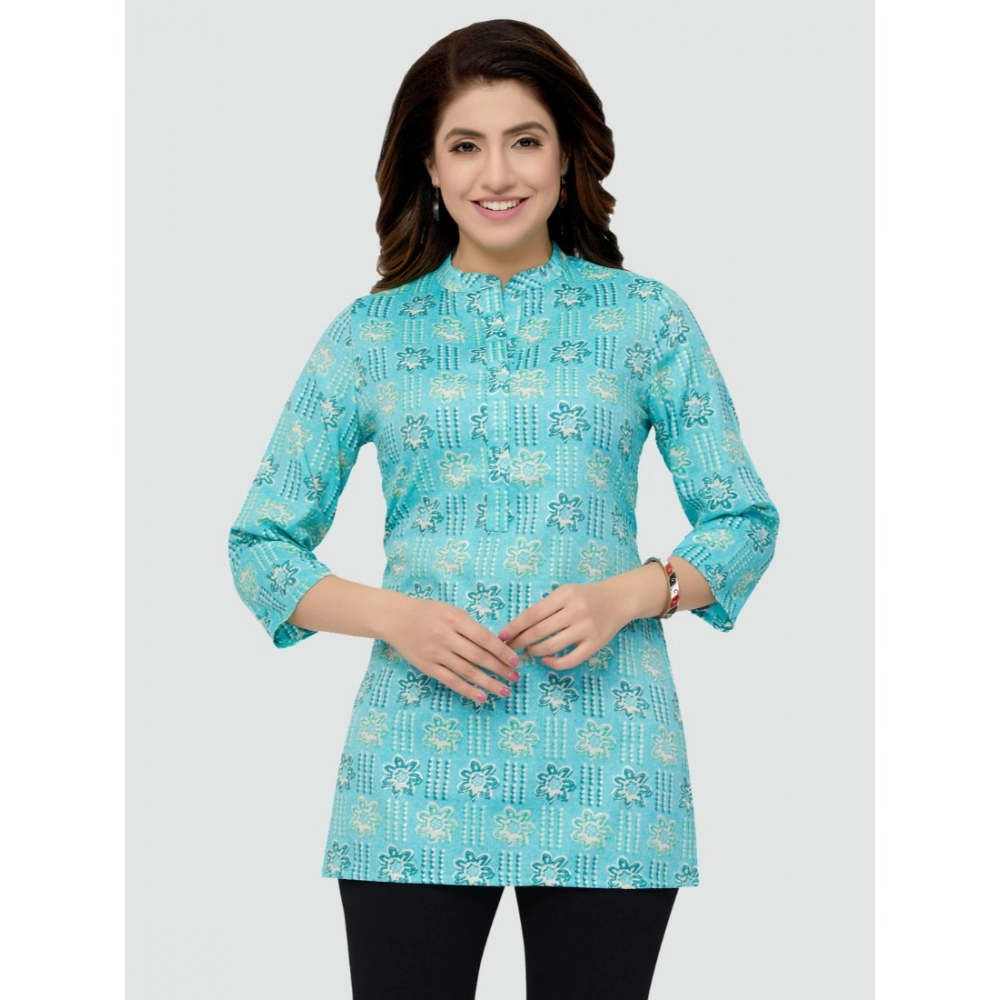 Women's Casual 3/4 Sleeves Printed Rayon Short Top (Sky Blue) - Image 2