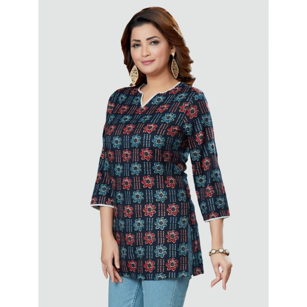 Women's Casual 3/4 Sleeves Printed Rayon Short Top (Navy Blue) - Image 5