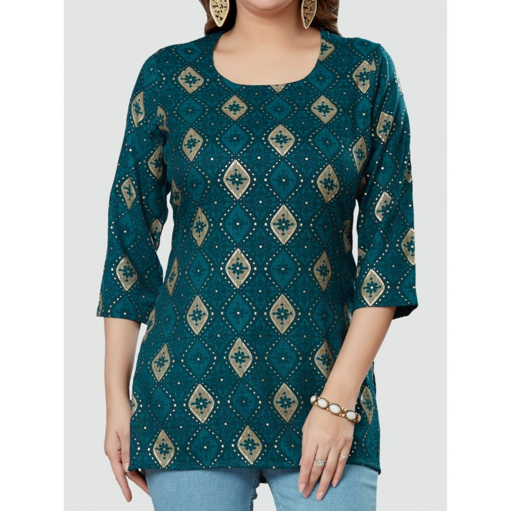 Women's Casual 3/4 Sleeves Printed Rayon Short Top (Green) - Image 3