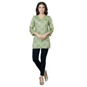 Women's Casual 3/4 Sleeves Printed Rayon Short Top (Green)