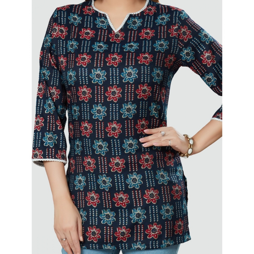 Women's Casual 3/4 Sleeves Printed Rayon Short Top (Navy Blue) - Image 2