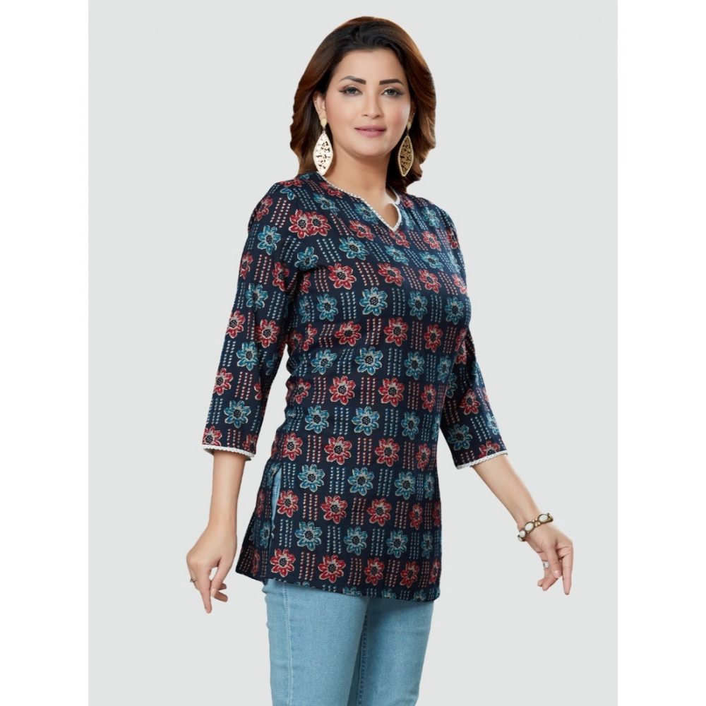 Women's Casual 3/4 Sleeves Printed Rayon Short Top (Navy Blue) - Image 3