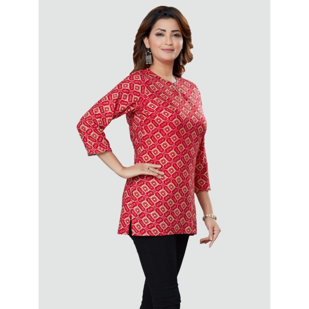 Women's Casual 3/4 Sleeves Printed Rayon Short Top (Red) - Image 4