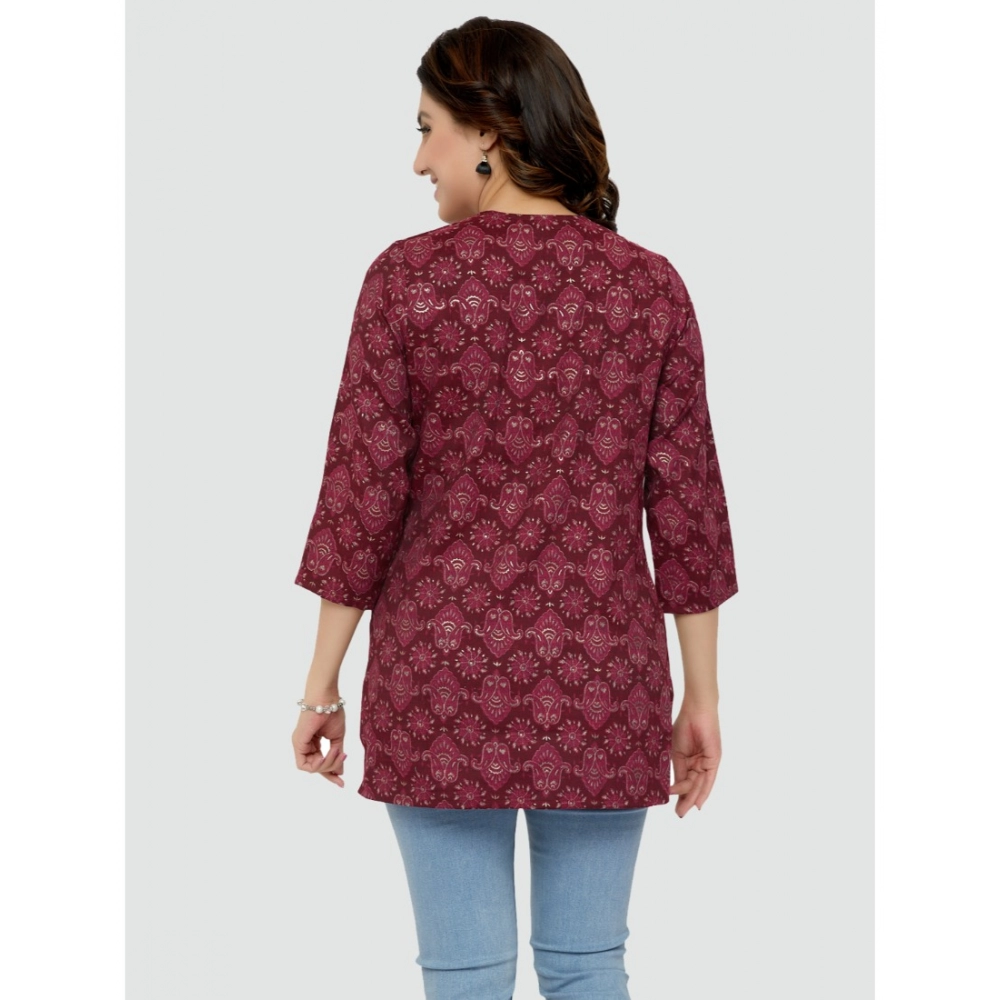 Women's Casual 3/4 Sleeves Printed Rayon Short Top (Maroon) - Image 7