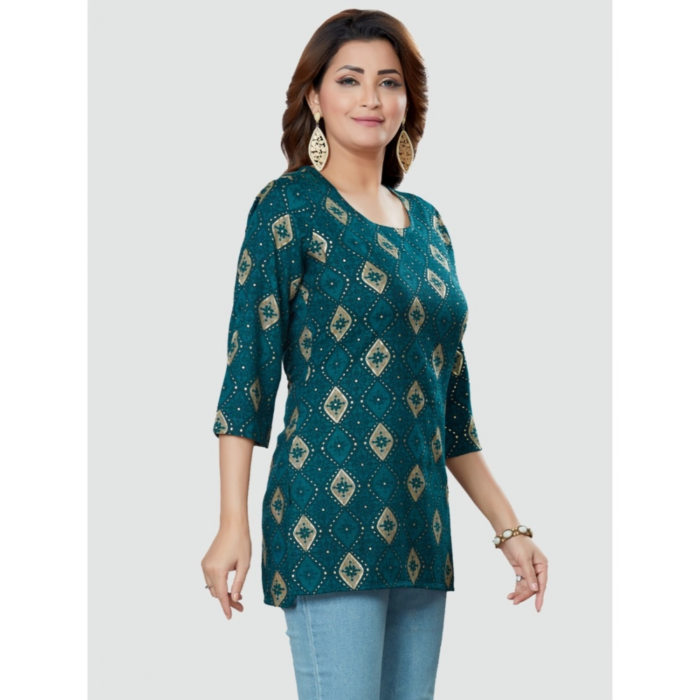 Women's Casual 3/4 Sleeves Printed Rayon Short Top (Green) - Image 5