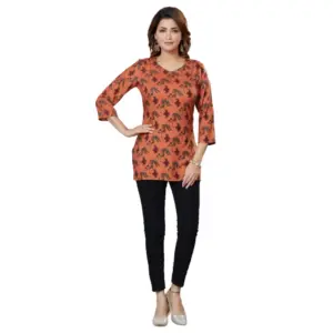 Women's Casual 3/4 Sleeves Printed Rayon Short Top (Peach)