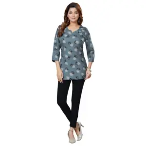 Women's Casual 3/4 Sleeves Printed Rayon Short Top (Grey)