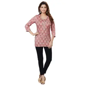 Women's Casual 3/4 Sleeves Printed Rayon Short Top (Pink)