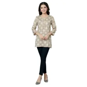 Women's Casual 3/4 Sleeves Printed Rayon Short Top (Beige)