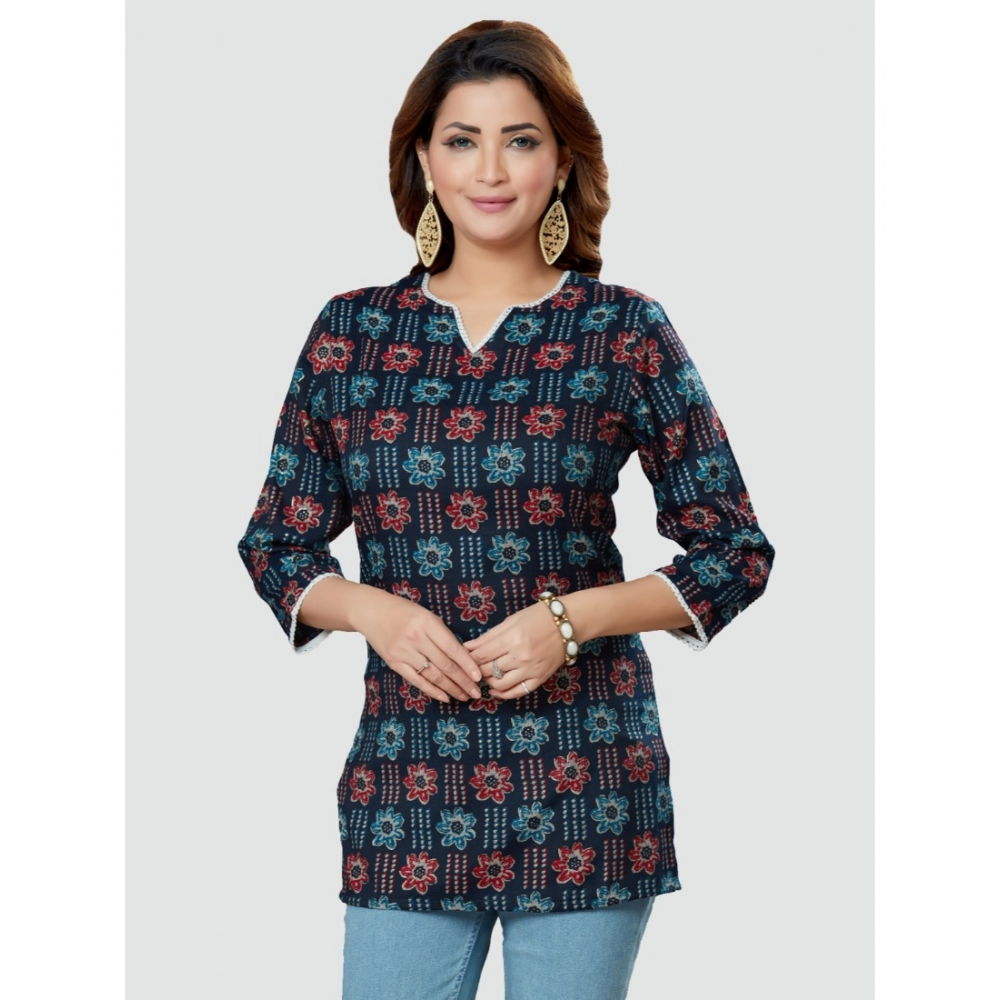 Women's Casual 3/4 Sleeves Printed Rayon Short Top (Navy Blue) - Image 4