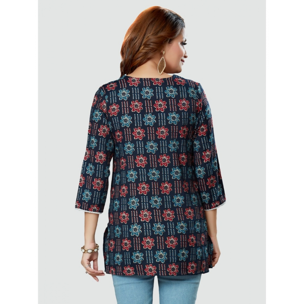 Women's Casual 3/4 Sleeves Printed Rayon Short Top (Navy Blue) - Image 7
