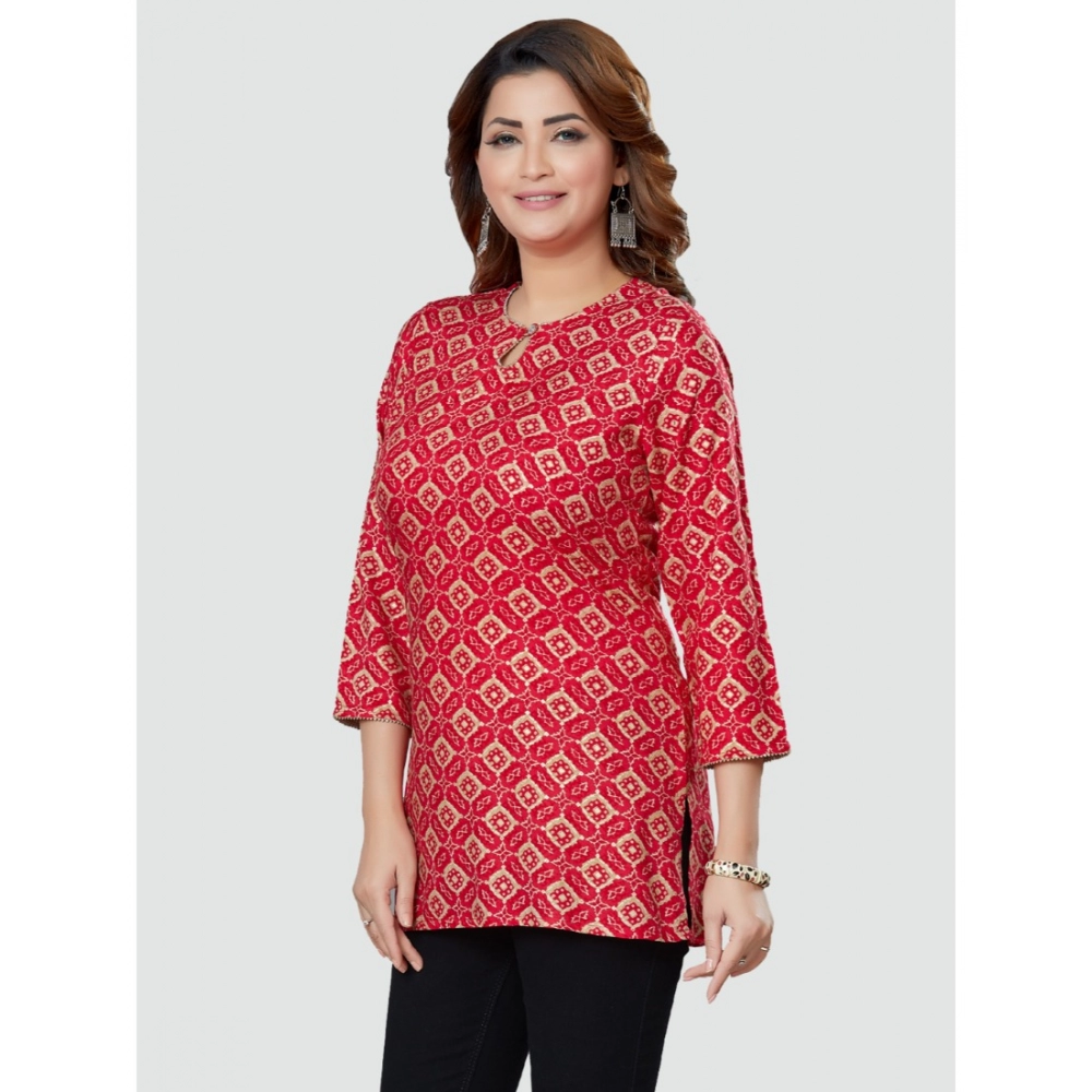 Women's Casual 3/4 Sleeves Printed Rayon Short Top (Red) - Image 2