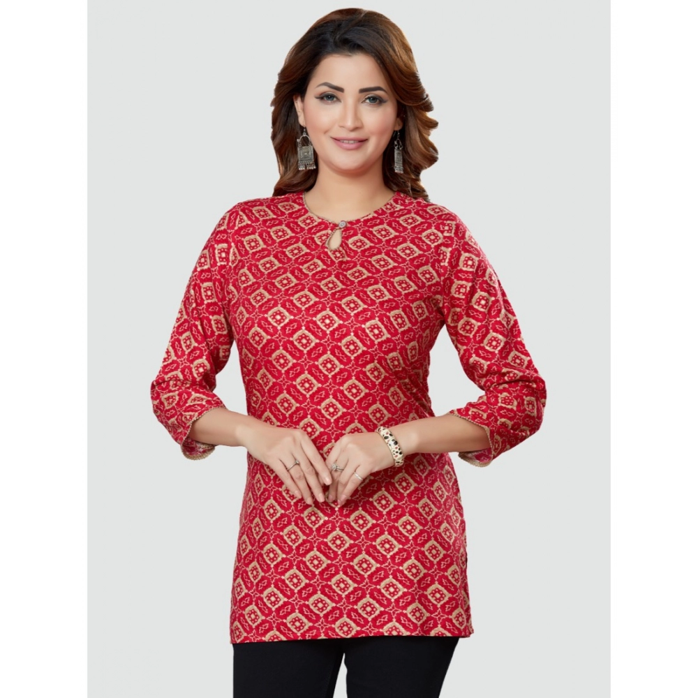 Women's Casual 3/4 Sleeves Printed Rayon Short Top (Red) - Image 3