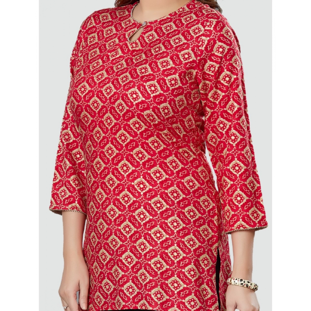 Women's Casual 3/4 Sleeves Printed Rayon Short Top (Red) - Image 5