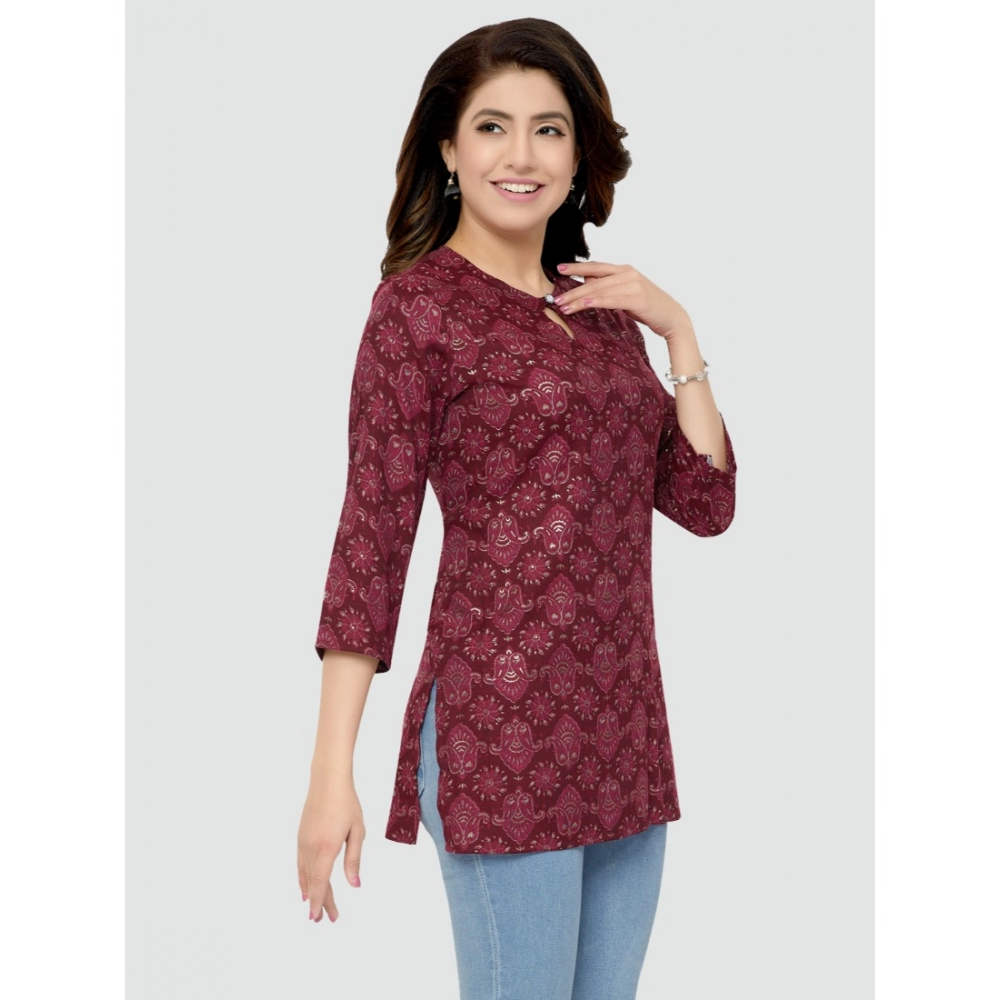 Women's Casual 3/4 Sleeves Printed Rayon Short Top (Maroon) - Image 4
