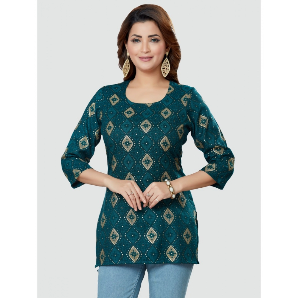 Women's Casual 3/4 Sleeves Printed Rayon Short Top (Green) - Image 2