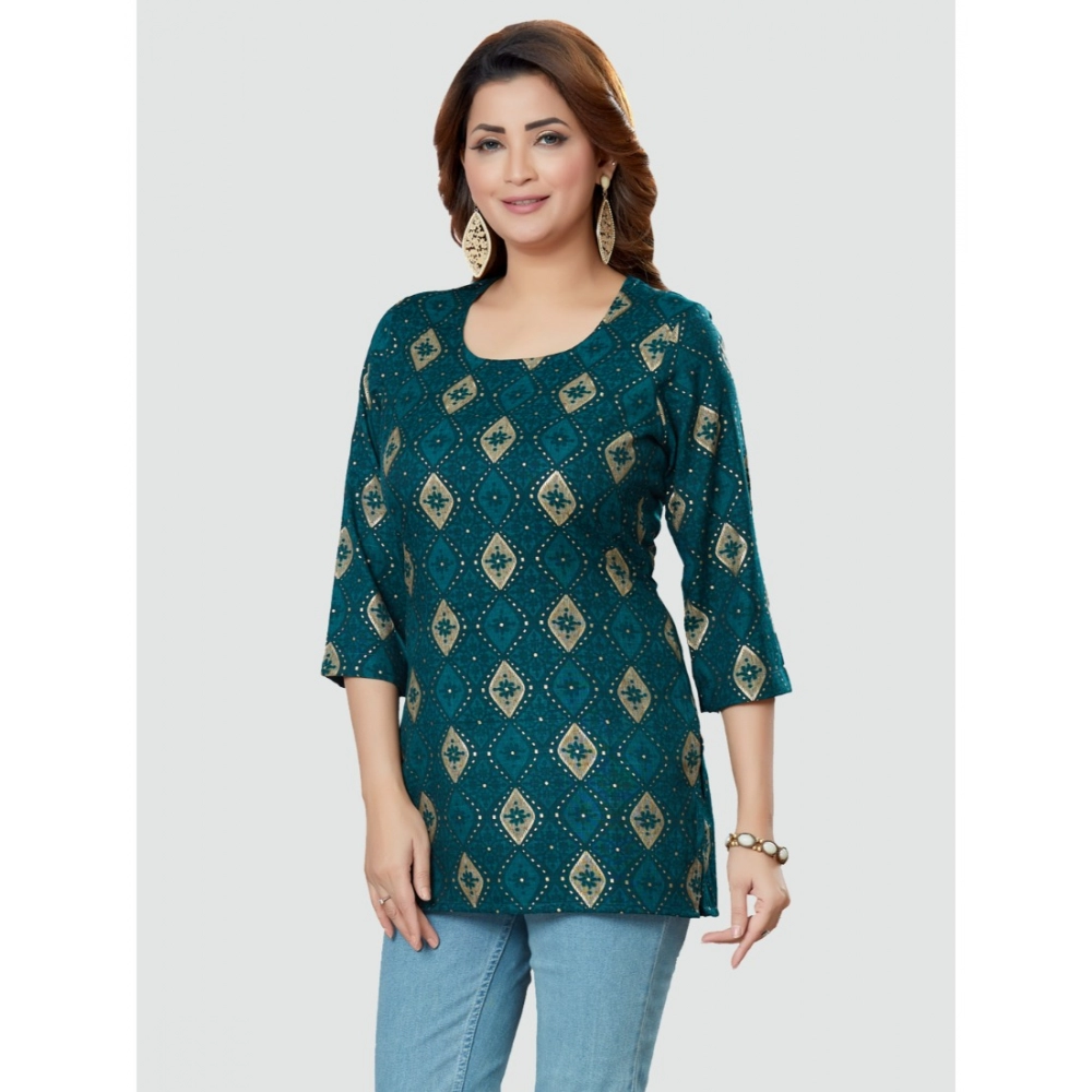 Women's Casual 3/4 Sleeves Printed Rayon Short Top (Green) - Image 4