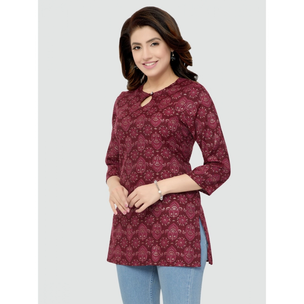 Women's Casual 3/4 Sleeves Printed Rayon Short Top (Maroon) - Image 3