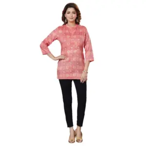 Women's Casual 3/4 Sleeves Printed Rayon Short Top (Pink)