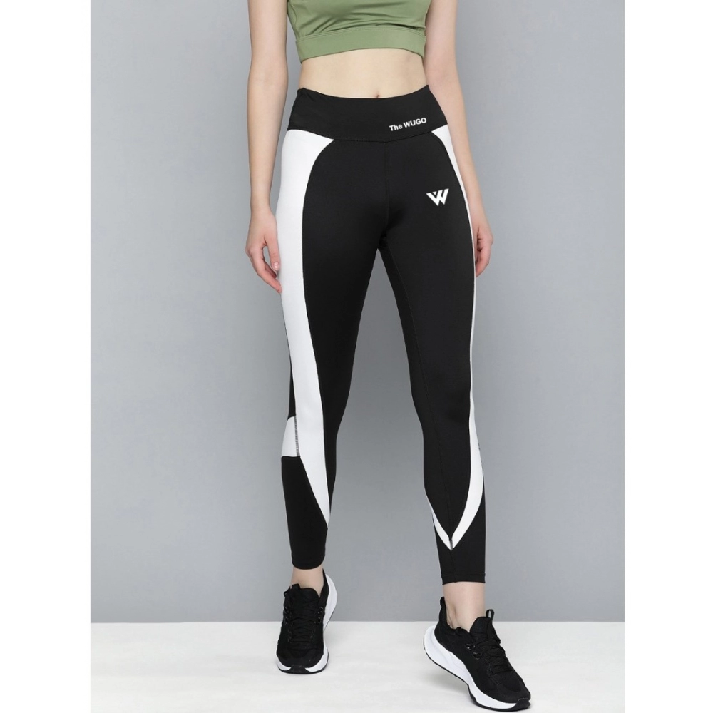 Women's Polyster Solid Sport Leggings (Black & White) - Image 3