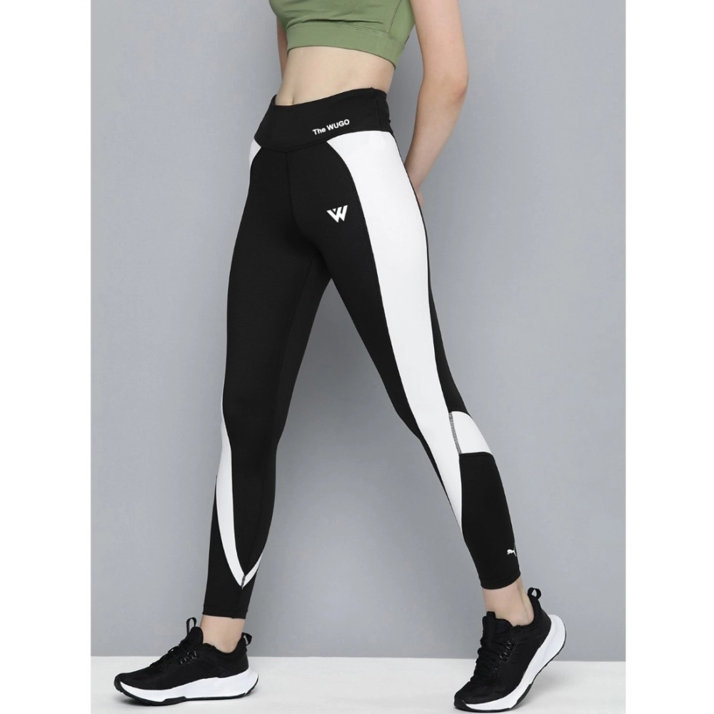 Women's Polyster Solid Sport Leggings (Black & White) - Image 2