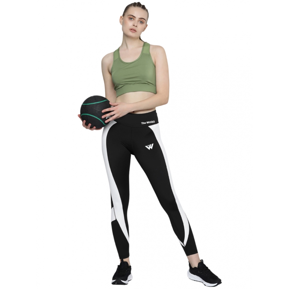 Women's Polyster Solid Sport Leggings (Black & White)