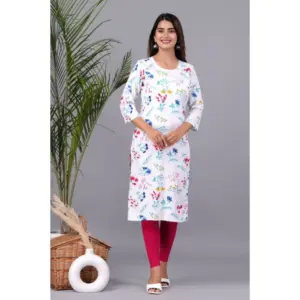 Women's Casual 3/4 Sleeve Printed Rayon Kurti (White)