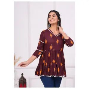 Women's Casual 3/4 Sleeve Printed Rayon Top (Brown)