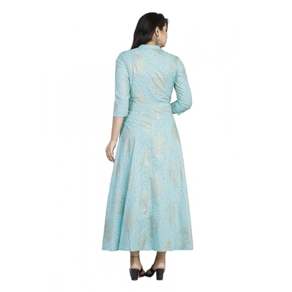 Women's Casual 3/4 Sleeve Floral Printed Rayon Anarkali Gown (Aqua Blue) - Image 3