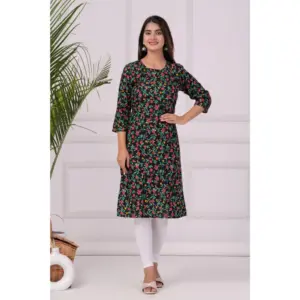 Women's Casual 3/4 Sleeve Printed Rayon Kurti (Black)