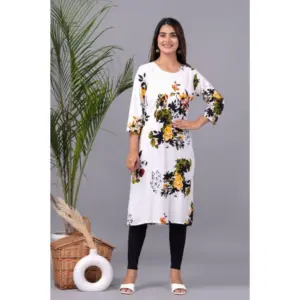 Women's Casual 3/4 Sleeve Printed Rayon Kurti (White)