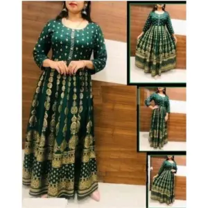 Women's Casual 3/4 Sleeve Printed Rayon Anarkali Gown (Green)