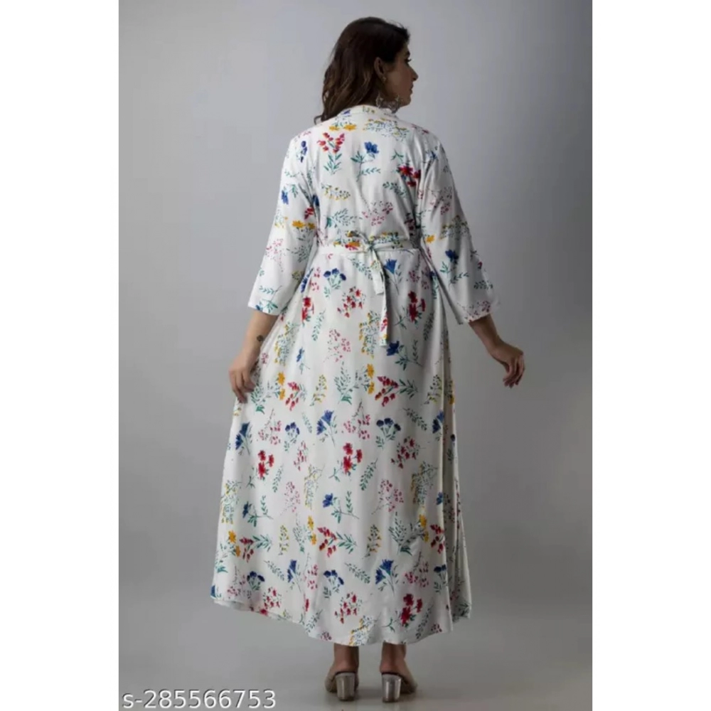 Women's Casual 3/4 Sleeve Printed Rayon Anarkali Gown (White) - Image 3