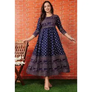 Women's Casual 3/4 Sleeve Printed Rayon Anarkali Gown (Blue)