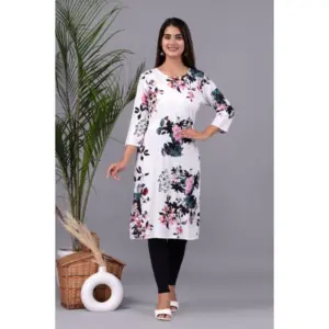 Women's Casual 3/4 Sleeve Printed Rayon Kurti (White)